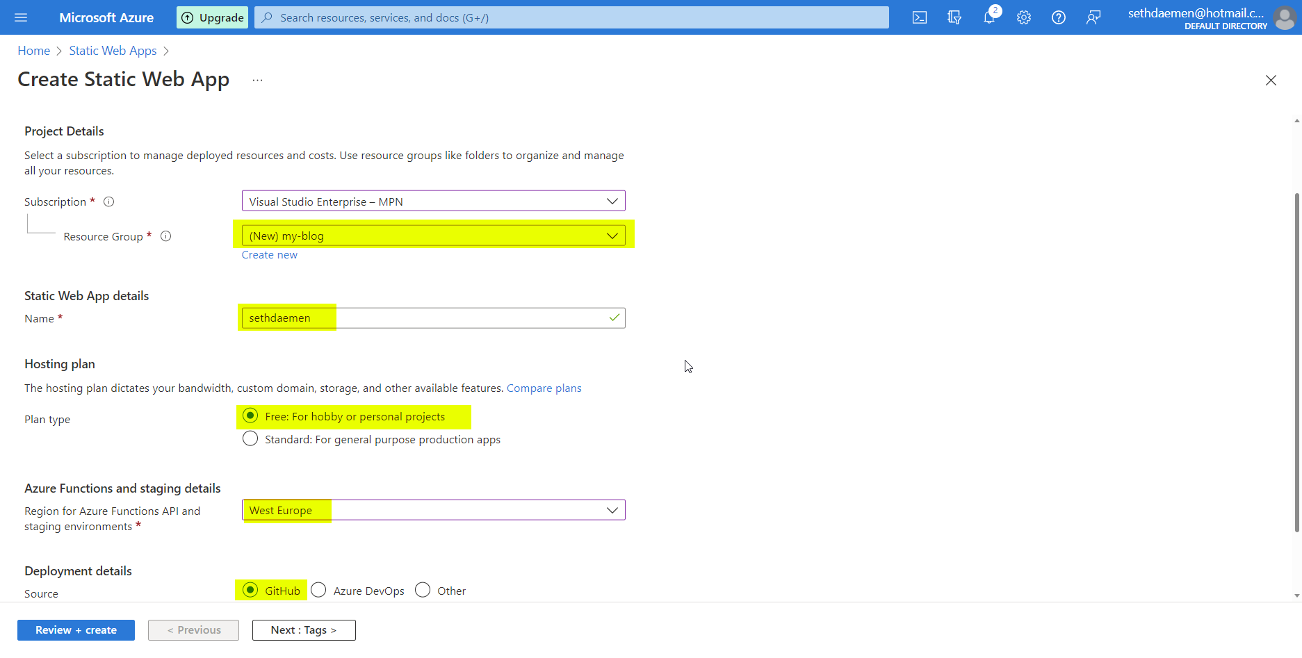 Create a static web app